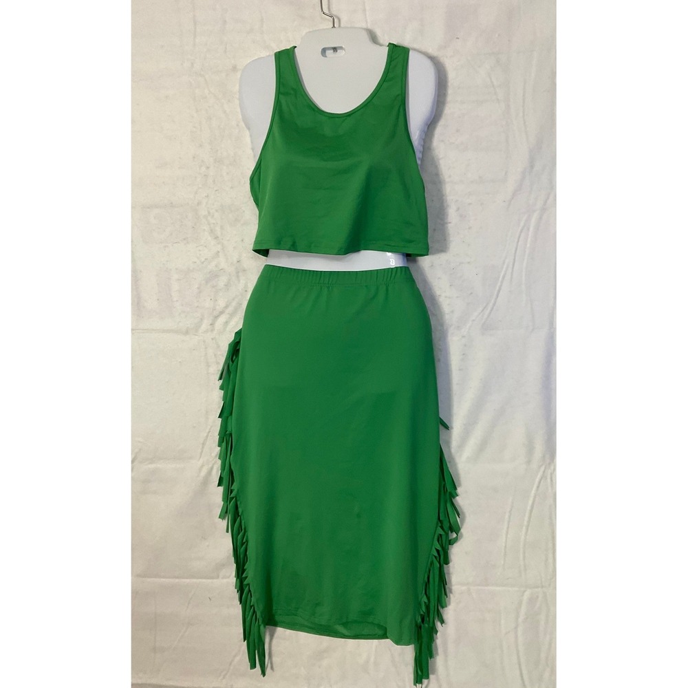SHEIN Curve 2 Piece Skirt Set Womens 0XL Green Fringe Crop Top Midi Skirt Co-ord